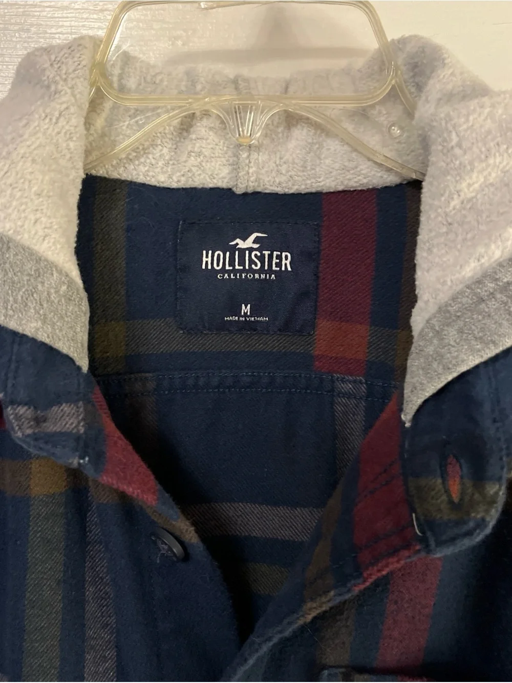 Hollister Hooded Button Up Shirt Jacket Men Navy Plaid Y2K Shacket Gray Hood Med